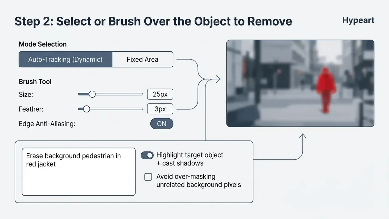 Interface showing brush settings and prompt input for selecting a pedestrian in a video frame