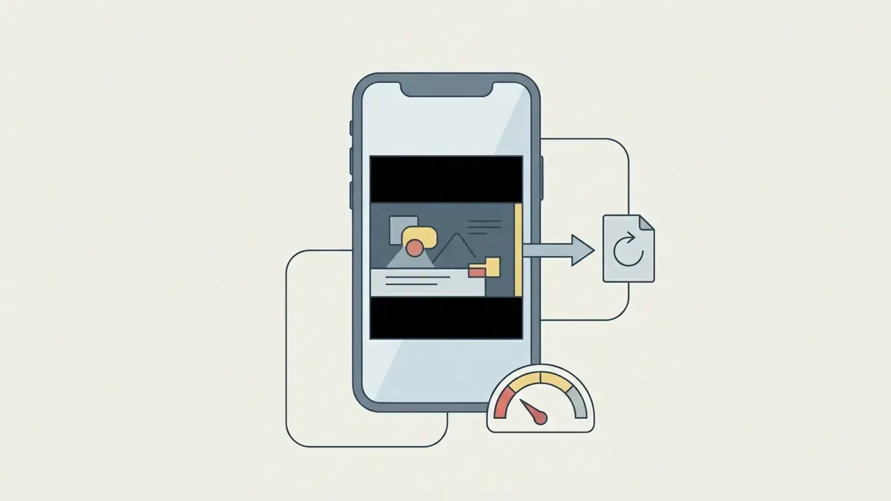 Smartphone displaying a letterboxed video with an arrow pointing to a refresh icon and a speed gauge