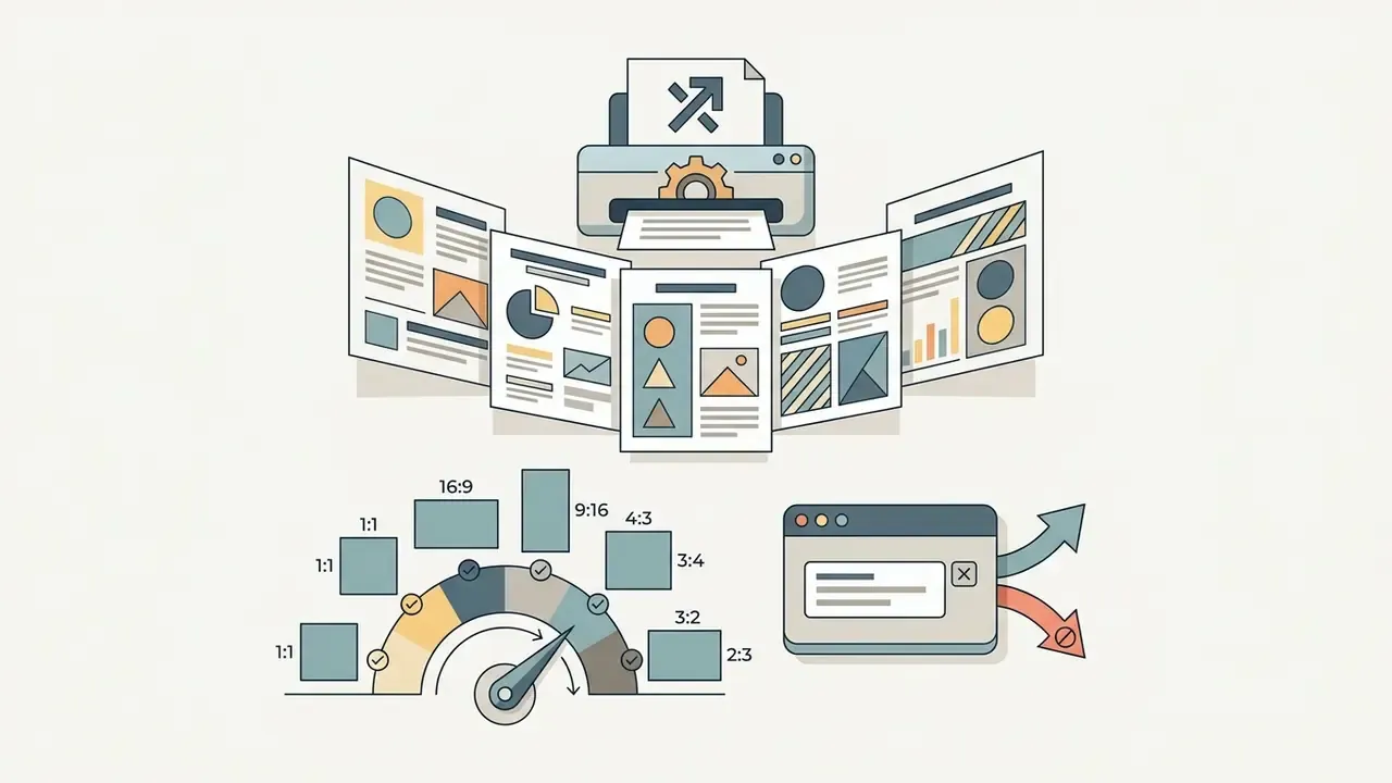 Printer outputting multiple document layouts alongside aspect ratio controls and a negative prompt field