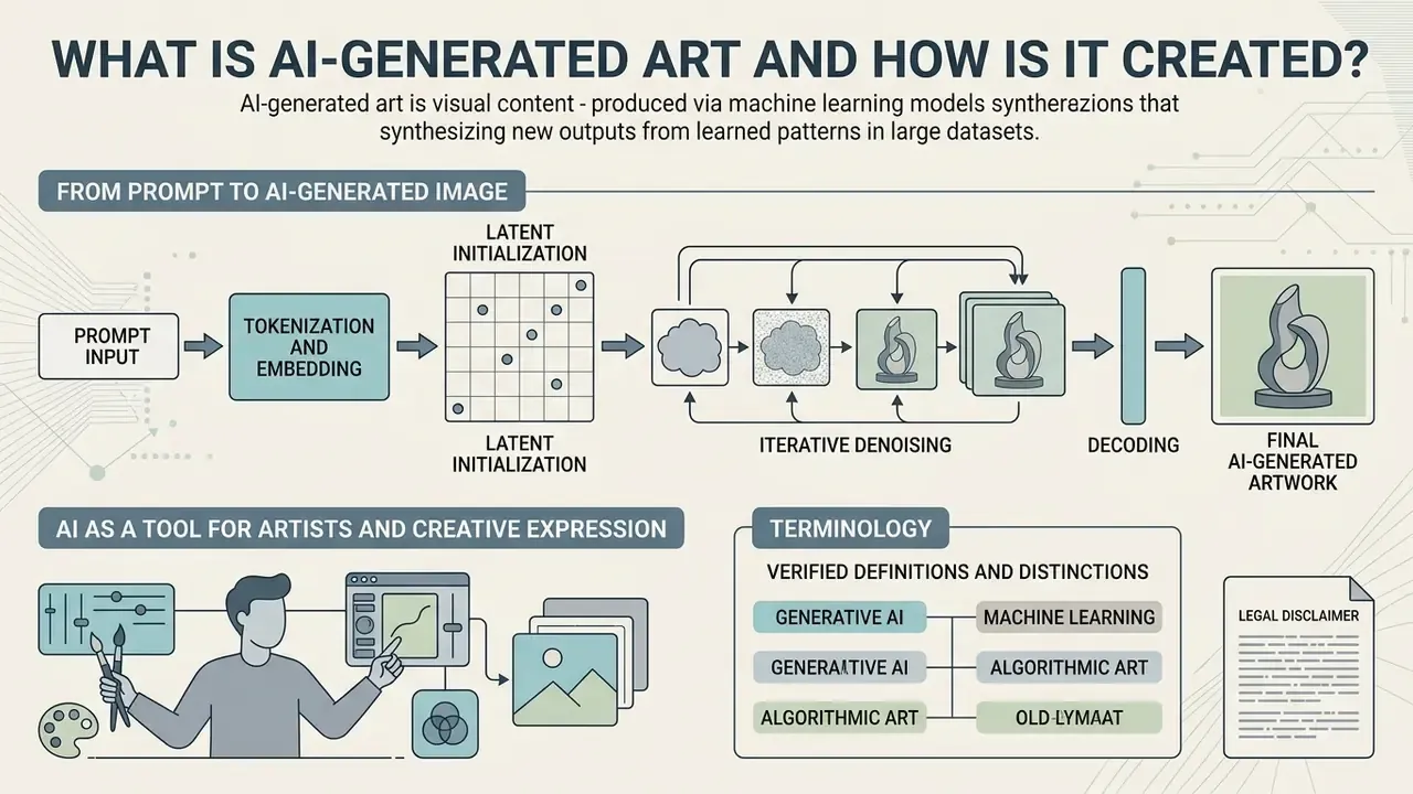 Diagram showing the technical process of generating images from prompts alongside artist tools and terminology