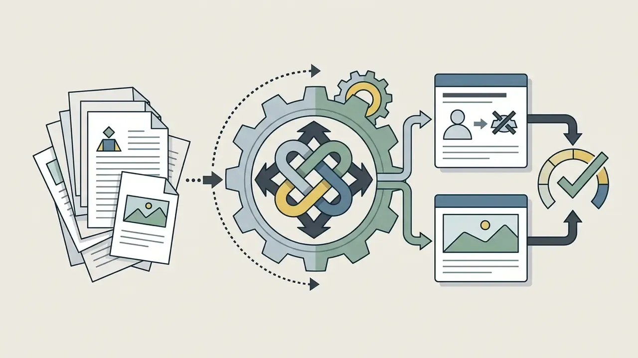 Documents feeding into a central gear mechanism that sorts content into edited text and imagery