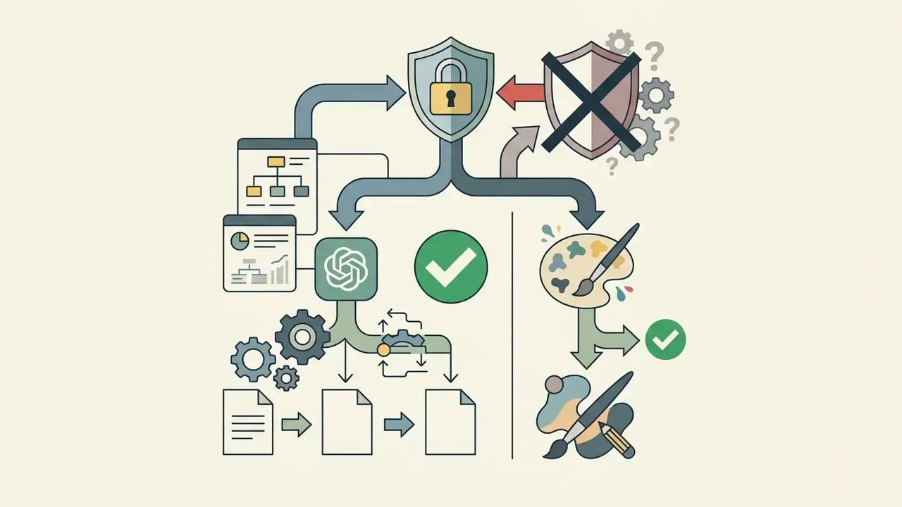 Flowchart showing ChatGPT and Midjourney workflows separated by security shields and checkmark icons