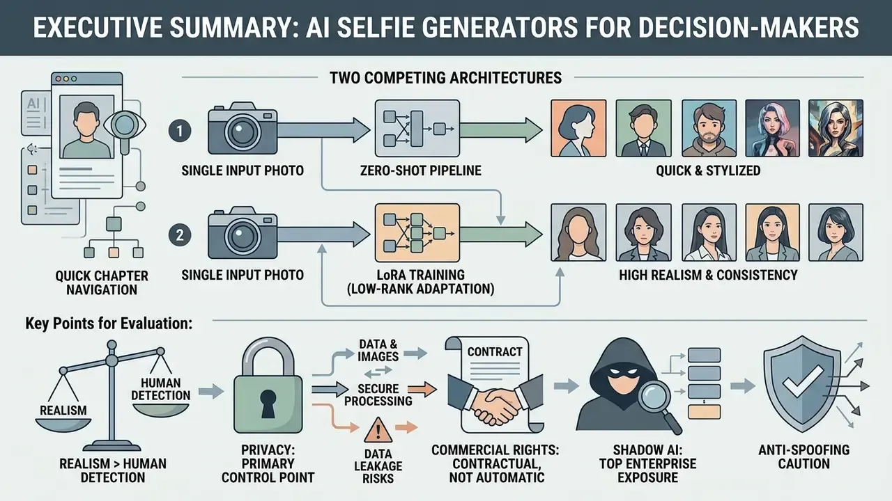 Infographic comparing two AI selfie generator architectures and highlighting key evaluation criteria