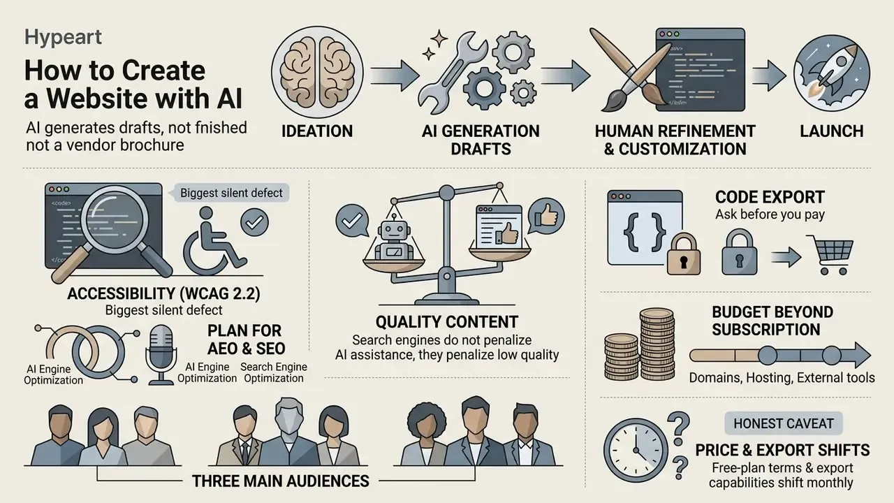 Infographic showing the workflow and key considerations for using AI to build and launch a website