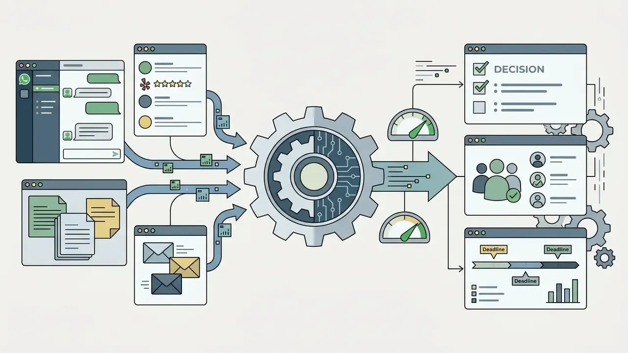 Data from chat and documents flowing into a central processing gear to output summaries and timelines