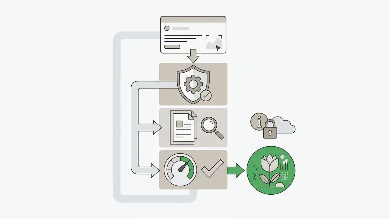 Flowchart showing a data security review process with shield, document, and gauge icons leading to a flower