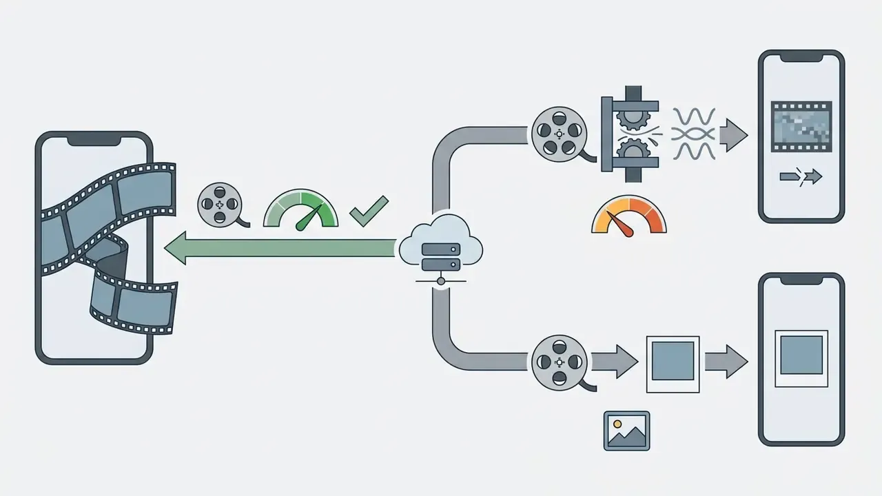 Smartphone sending a media file through a cloud server to either a compressed video or a single image