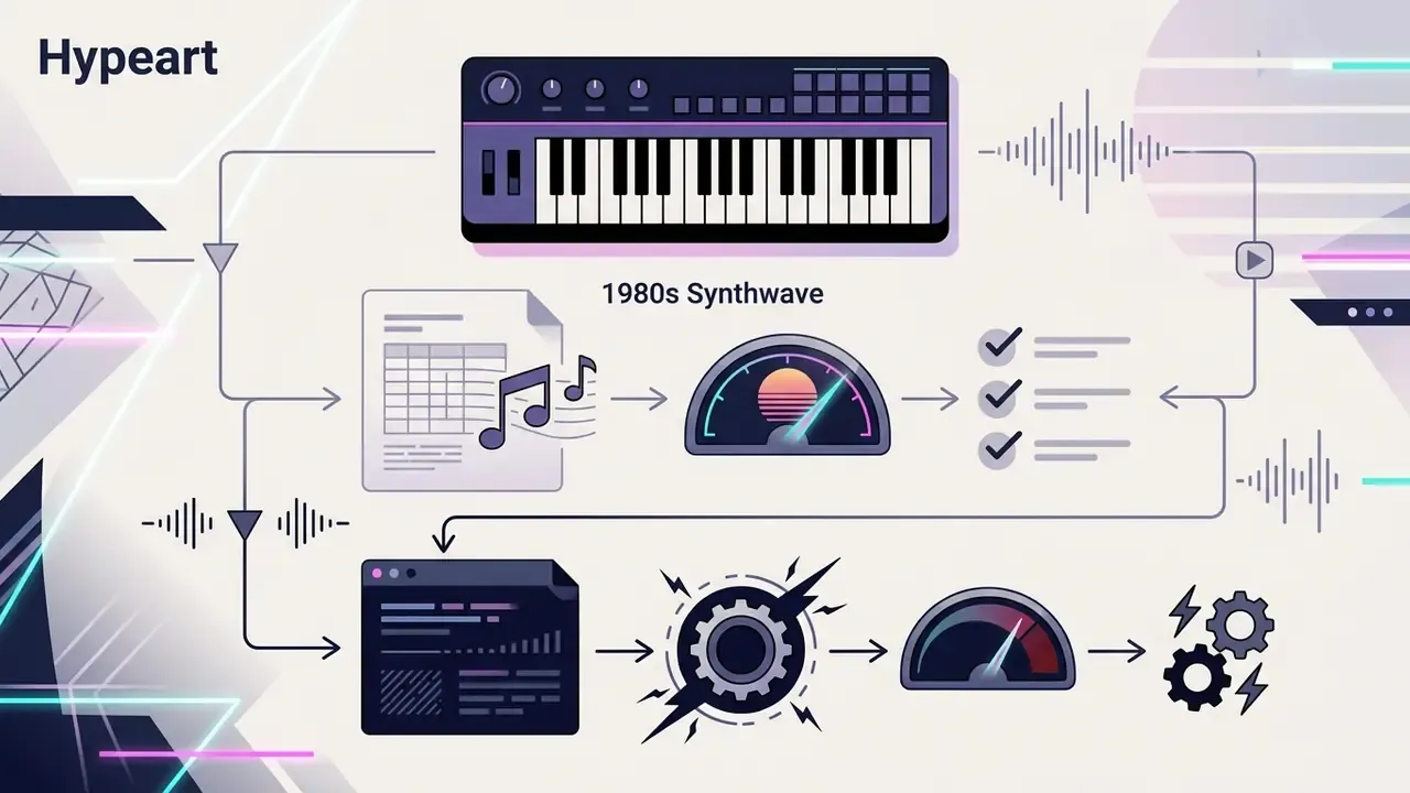 Musical keyboard and data icons connecting to gauges and gears representing synthwave audio processing