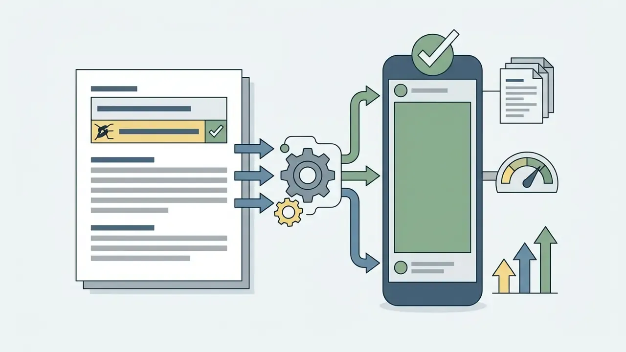 Document with a bug icon feeding into a gear processor that outputs to a mobile phone with analytics