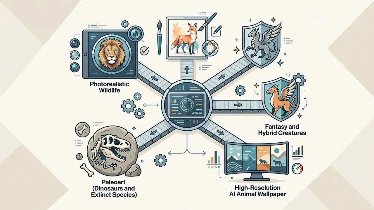 Central hub connecting icons representing wildlife, art, fantasy creatures, paleoart, and digital wallpaper