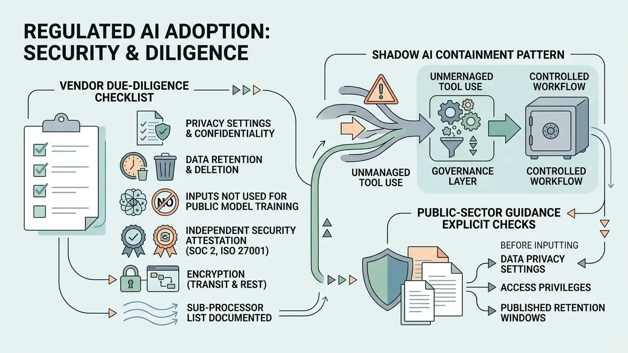 Checklist for vendor due diligence alongside a containment pattern for managing shadow AI tool usage