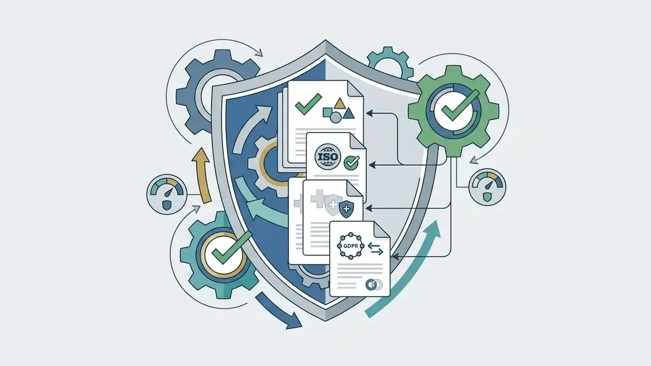 Shield icon surrounded by rotating gears and documents featuring ISO, HIPAA, and GDPR compliance symbols