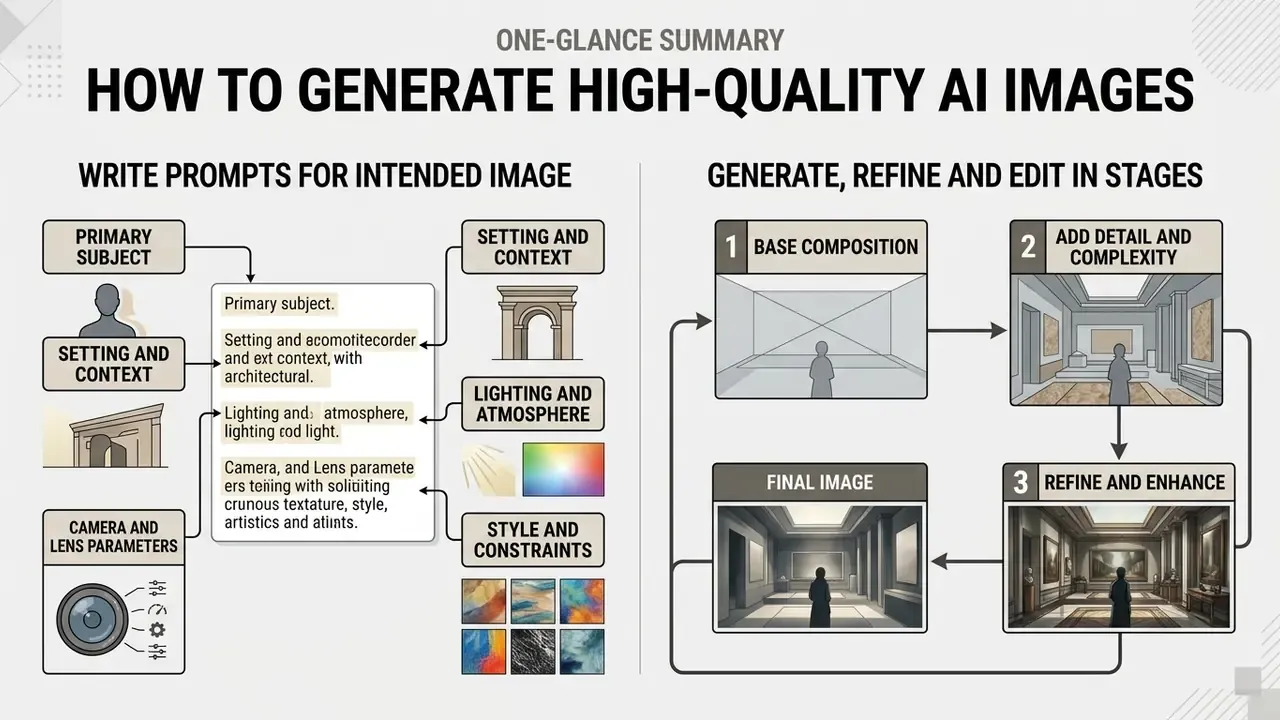 Flowchart detailing prompt writing steps and a multi-stage process to create high-quality AI images