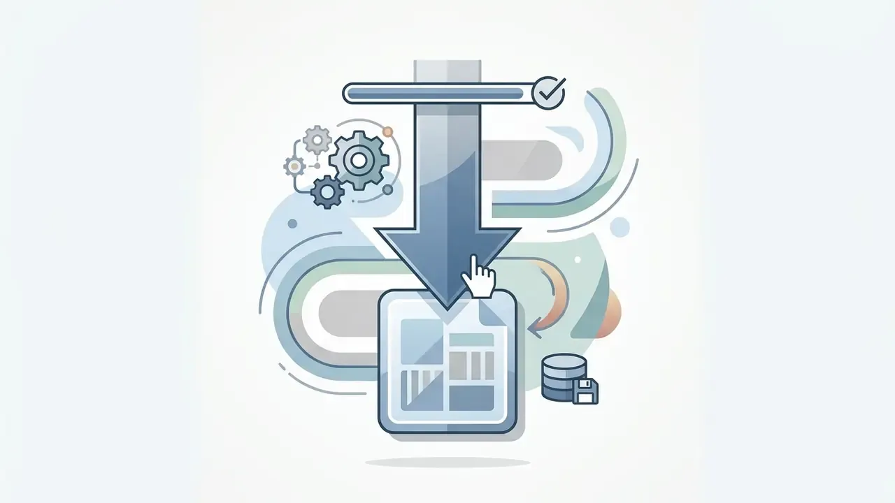 Large downward arrow pointing at a file icon with a cursor and a completed progress bar