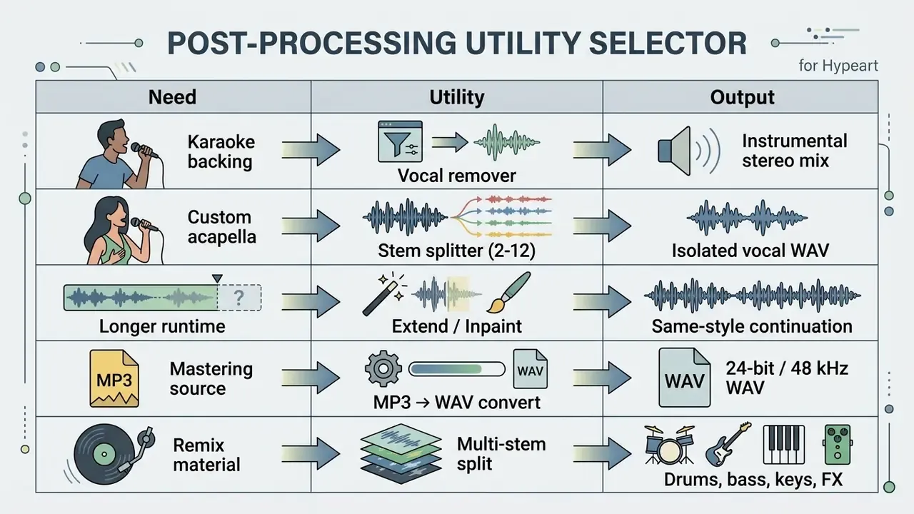 Table mapping music production needs to specific post-processing utilities and their resulting outputs