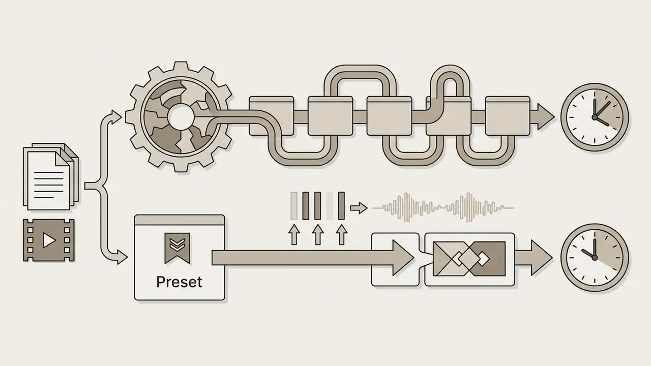Comparison of manual editing steps through a gear system versus automated preset processing with audio sync