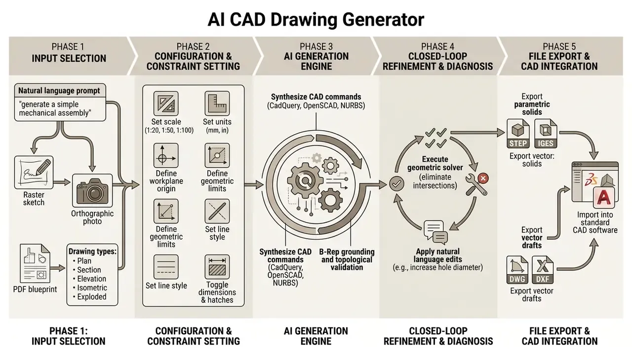 Five step process diagram showing inputs, configuration, generation, refinement, and CAD file export