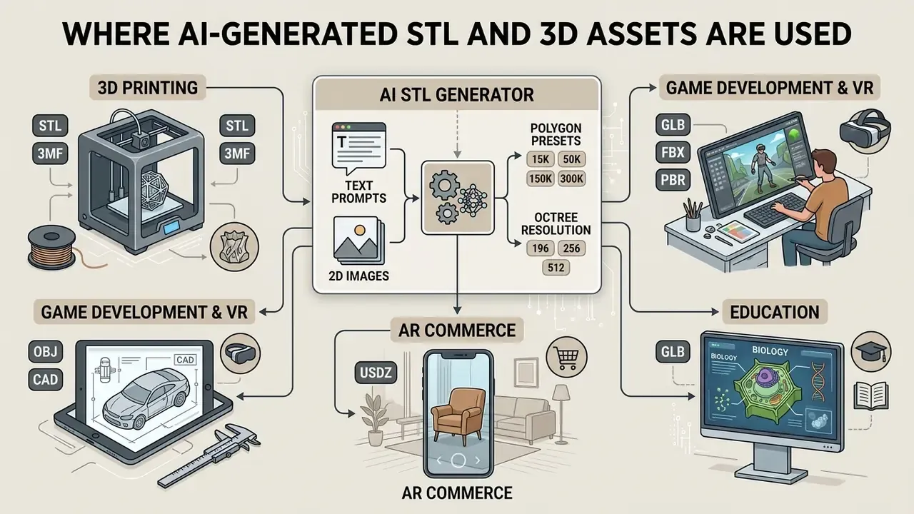 Central generator hub connecting text and image inputs to various 3D printing and digital design sectors