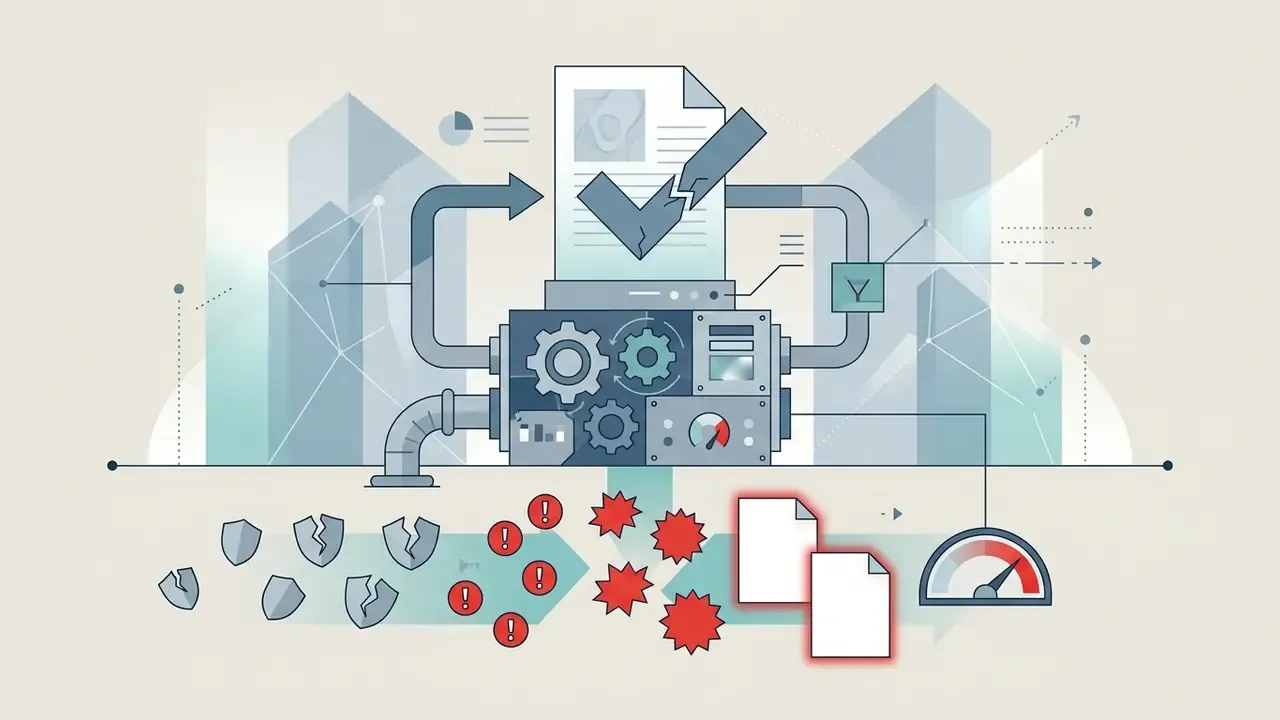 Mechanical processor outputting broken shields and red warning symbols alongside document icons