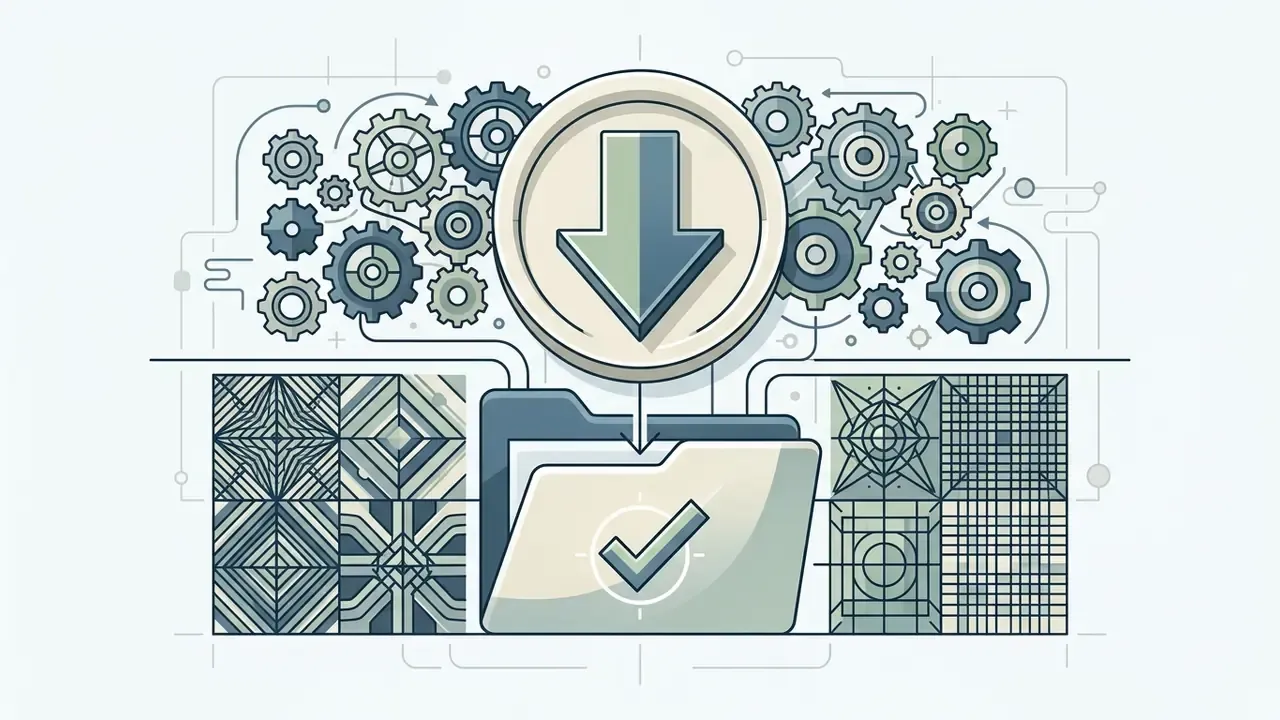 Download icon with gears moving patterns into a folder marked with a checkmark