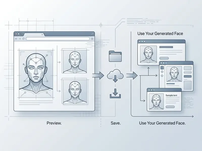 Diagram showing a web interface previewing synthetic portraits being saved to cloud storage for later use