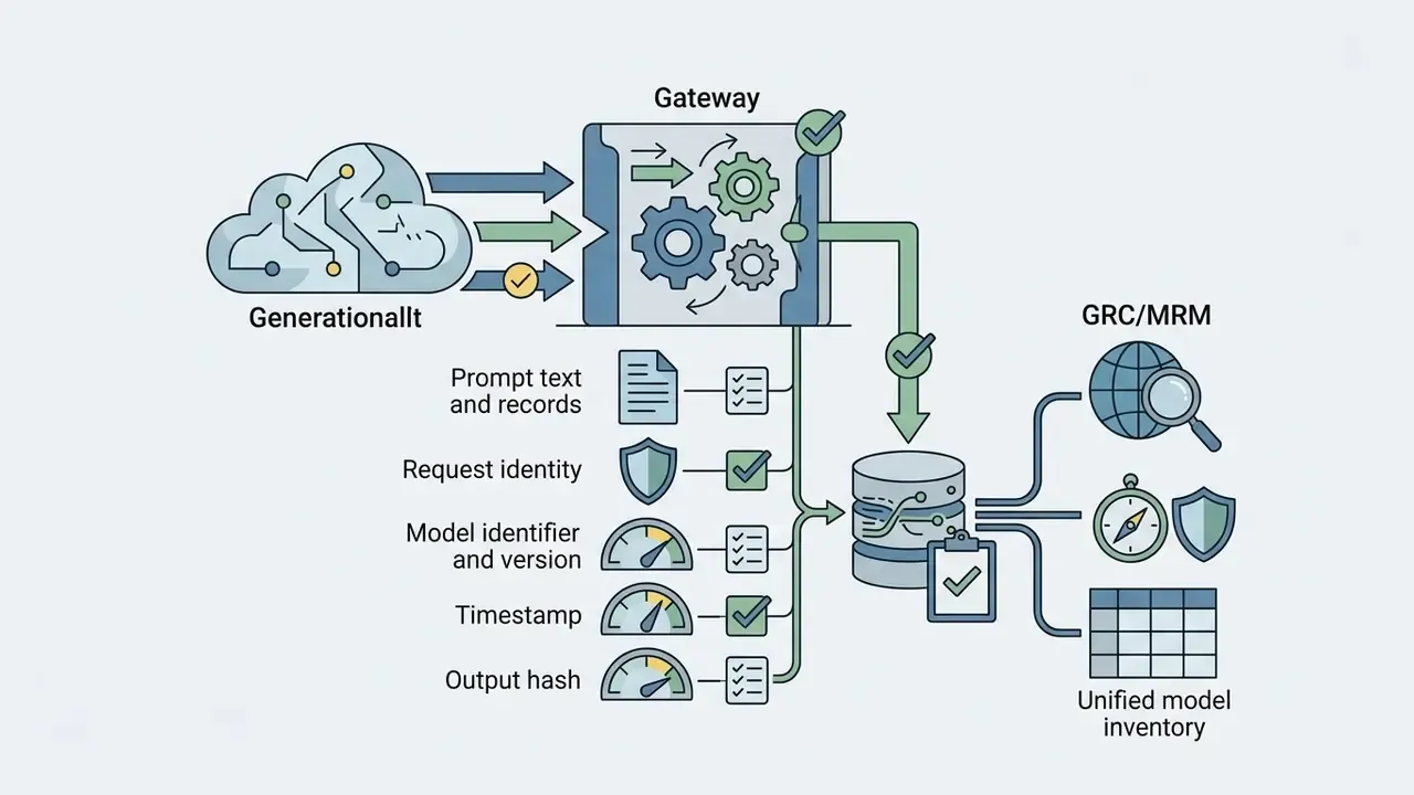 API gateway routing generative model data to a GRC and MRM system for unified model inventory logging