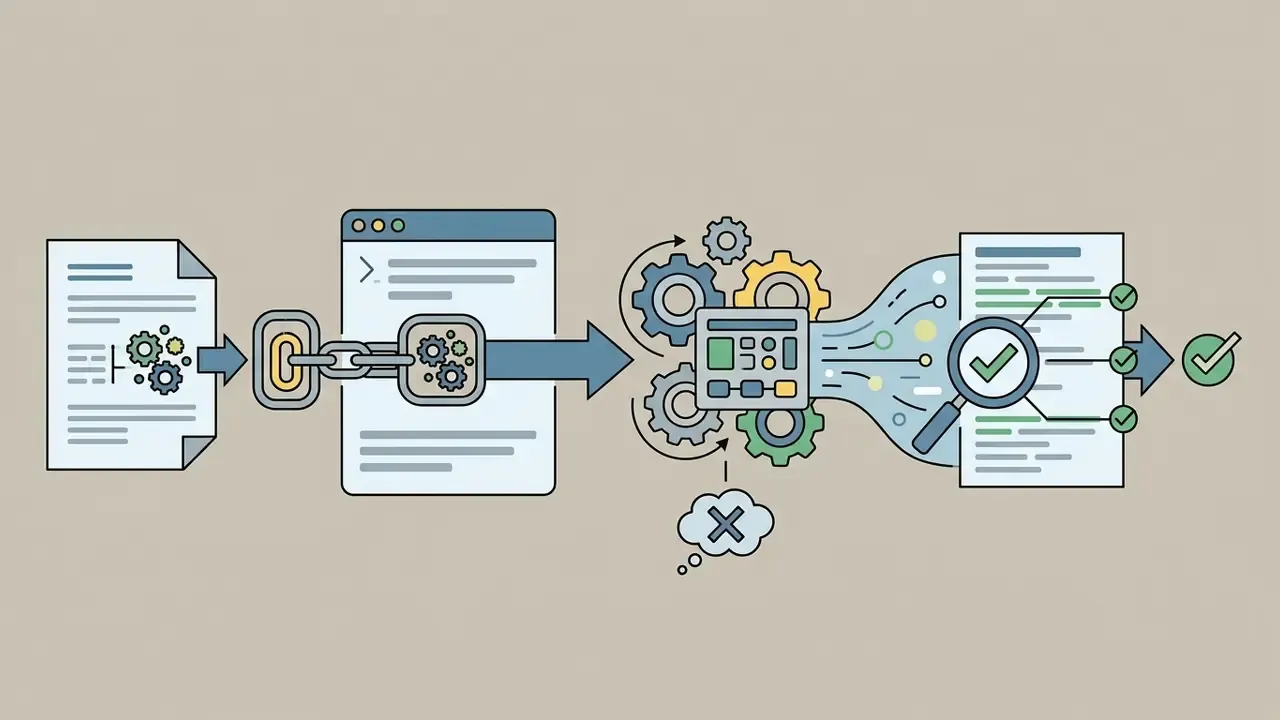 Document connected by a chain to a gear system that verifies data against a checklist and magnifying glass