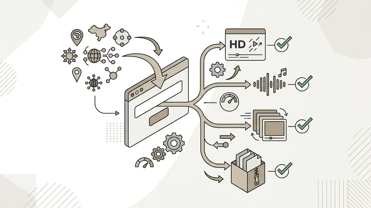 Regional link data being processed through a central interface to output various media file formats