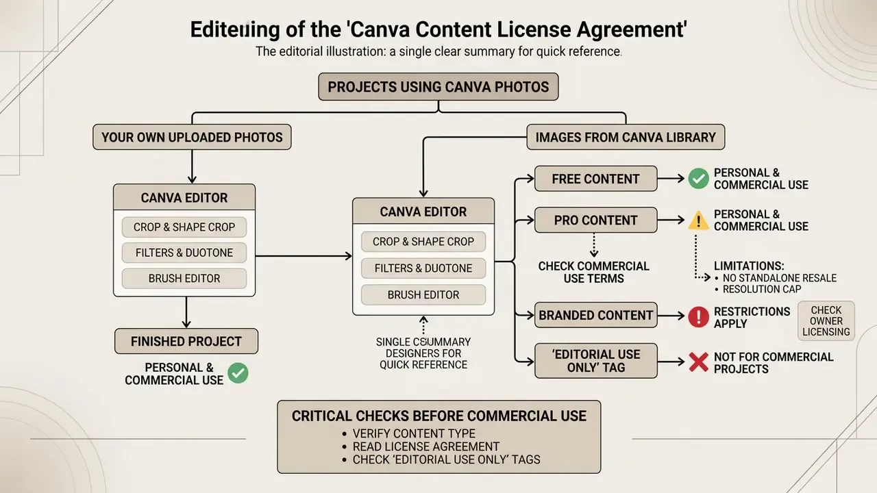 Diagram detailing licensing rules for using uploaded or library photos in design projects