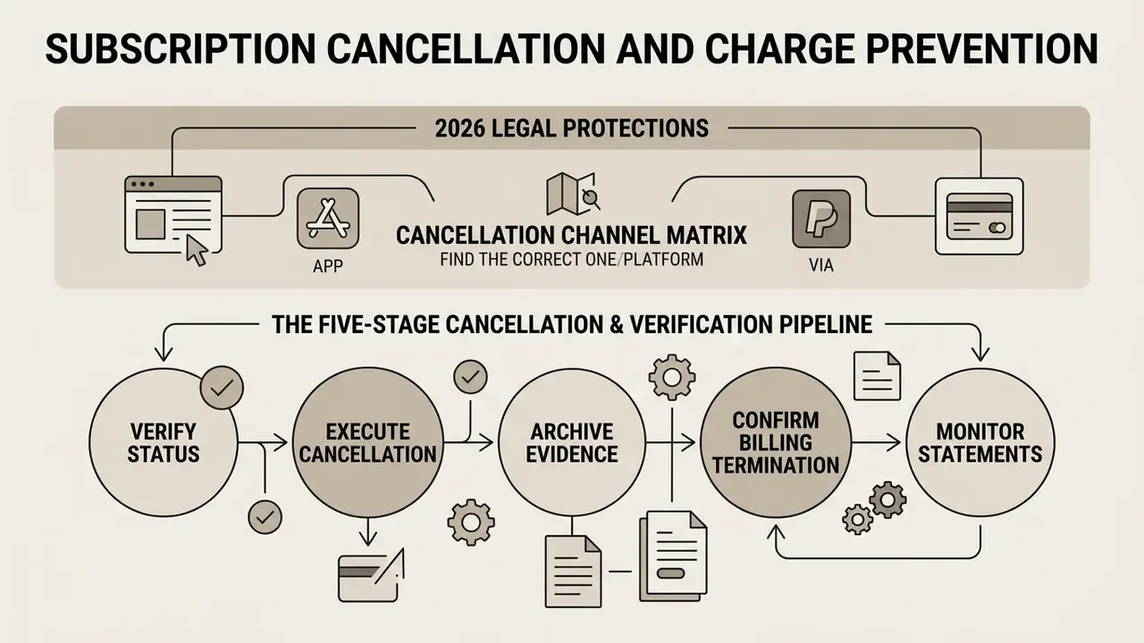 Step-by-step guide showing legal protections, channel selection, and a five-stage cancellation pipeline