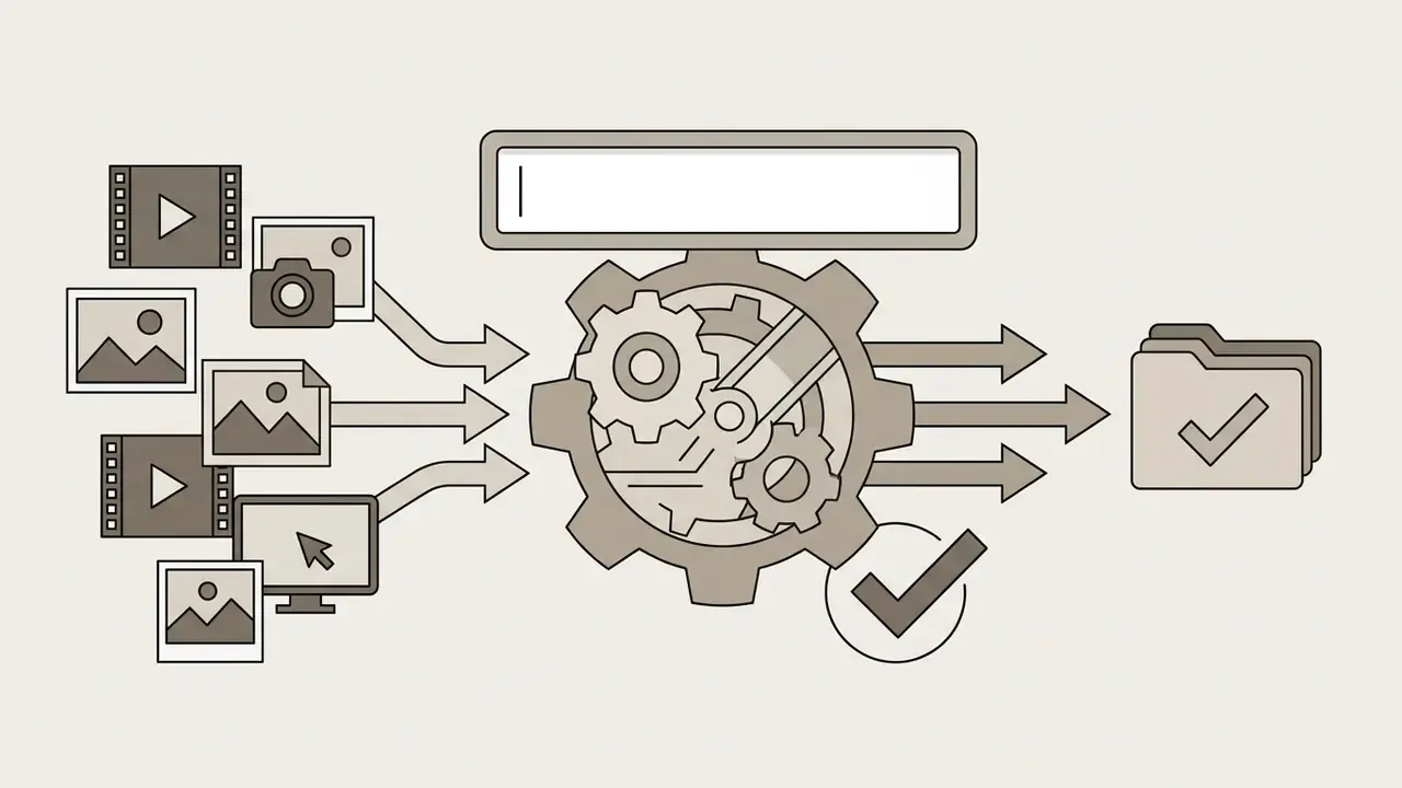 Icons of media files feeding into a central gear processing engine to create a finalized project folder