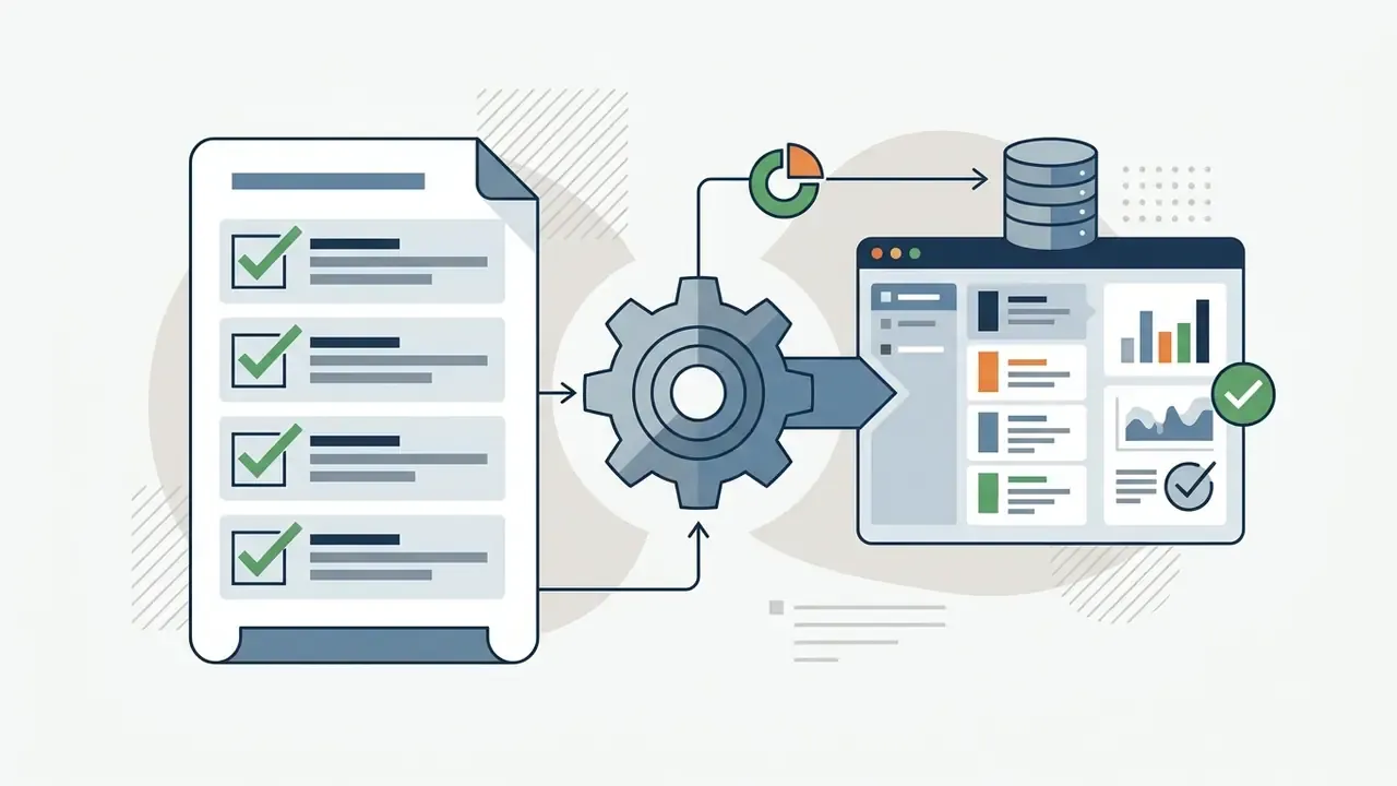 Checklist document feeding into a gear mechanism that updates a database and analytics dashboard