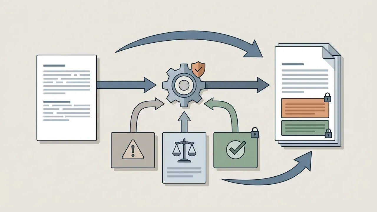 Document feeding into a gear system that integrates legal and safety blocks into a final output file