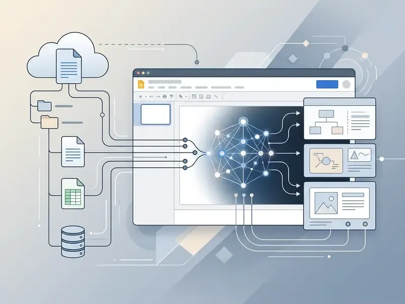 Google Drive files feeding into an AI engine to generate structured presentation slide layouts