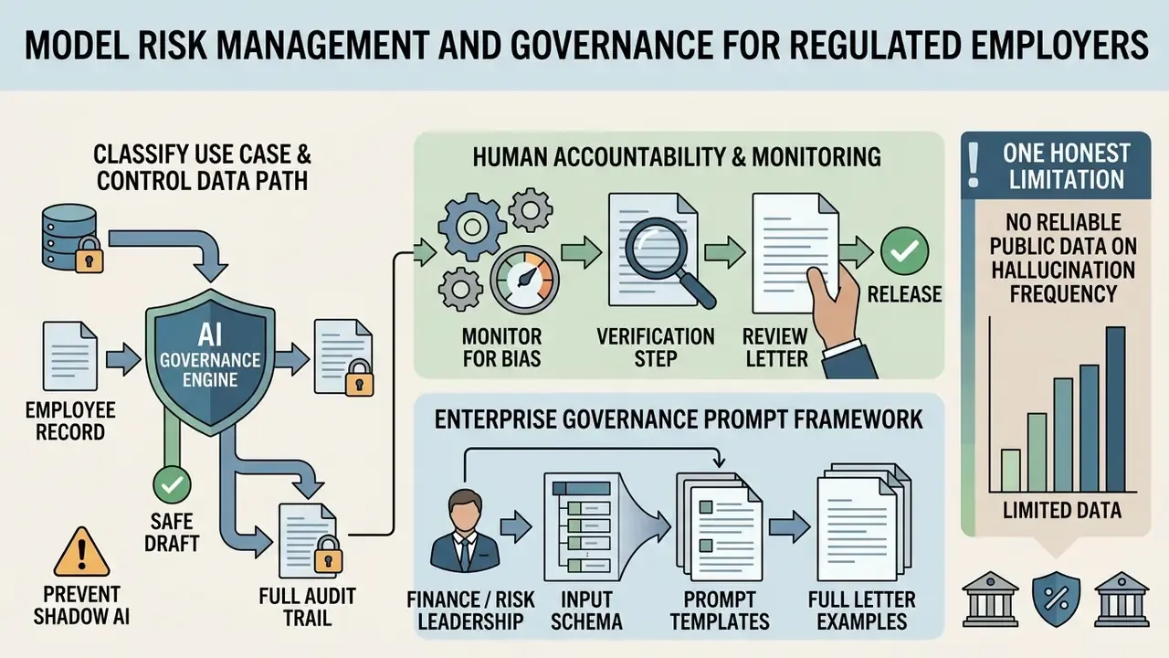 Infographic mapping AI governance steps for data control, human oversight, and enterprise prompt frameworks