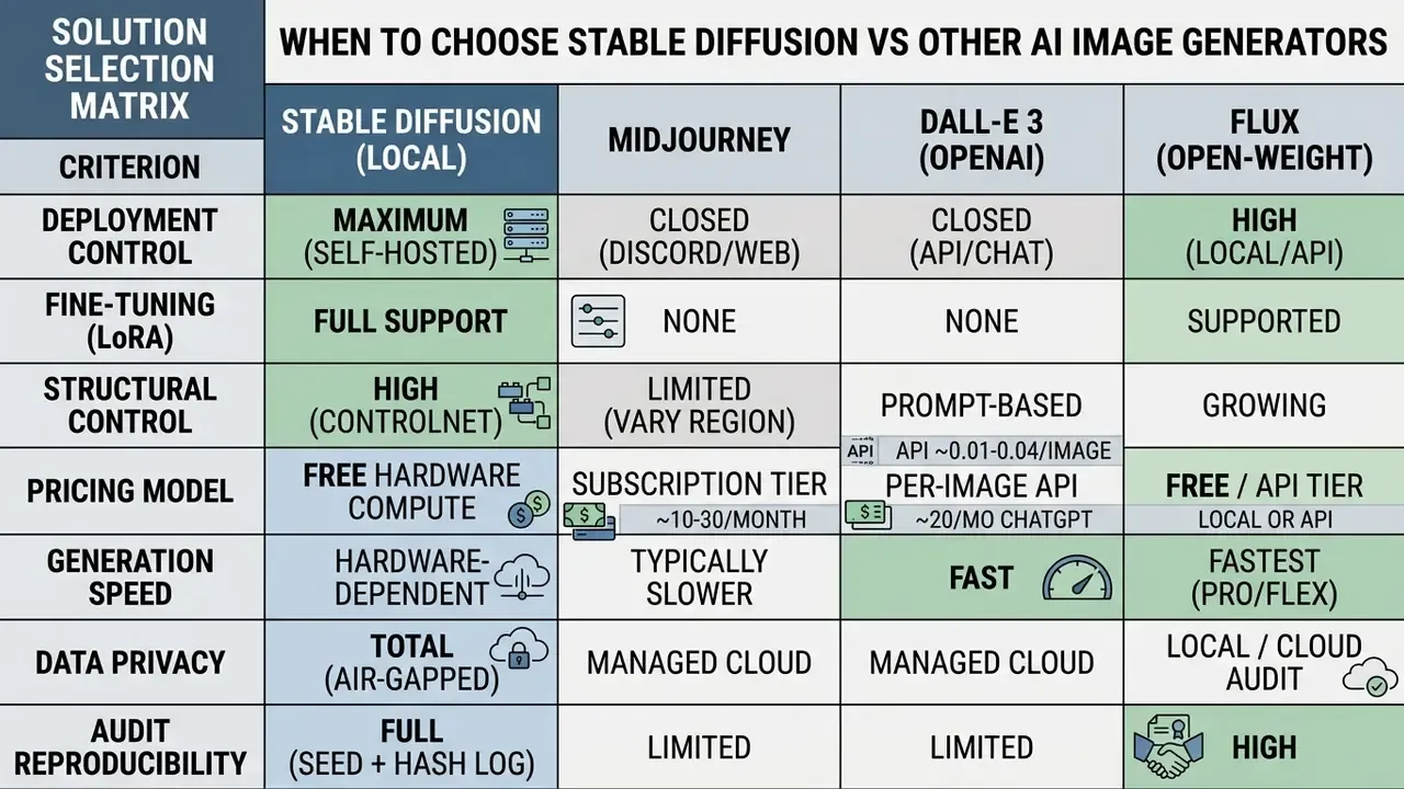 Comparison matrix evaluating Stable Diffusion against Midjourney, DALL-E 3, and Flux across key criteria