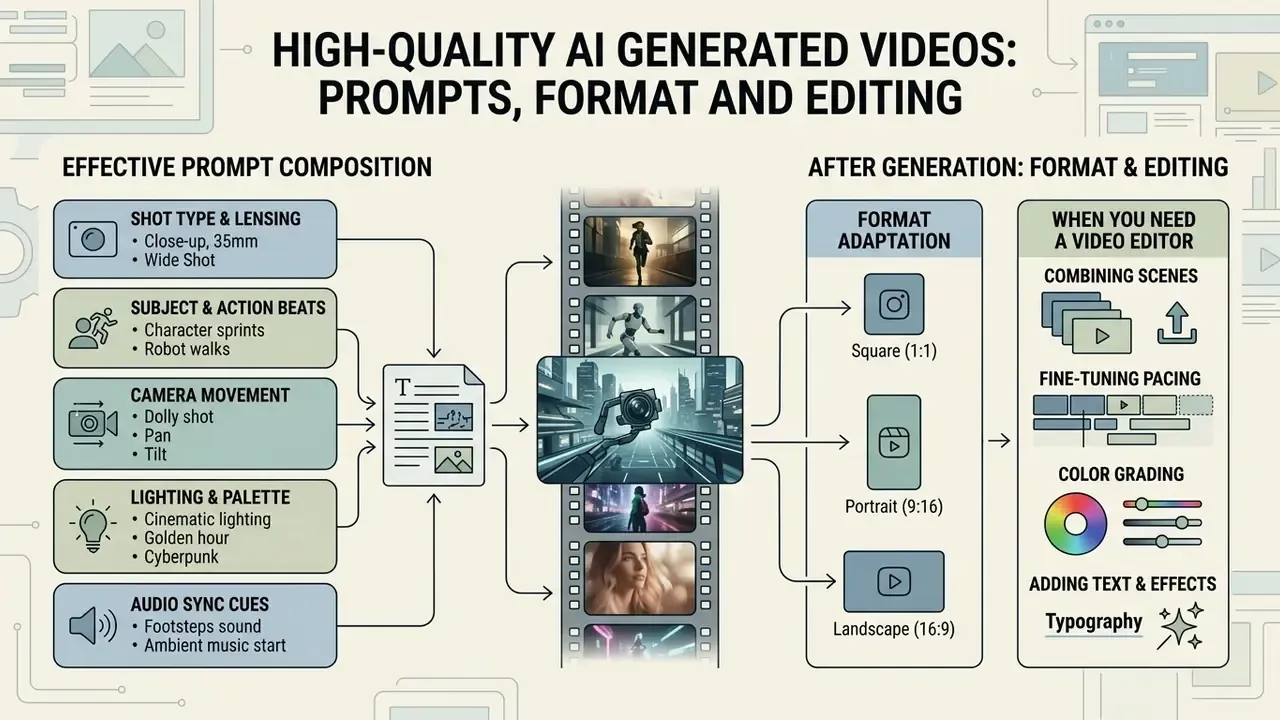 Infographic showing prompt composition, video generation, and post-production editing workflows