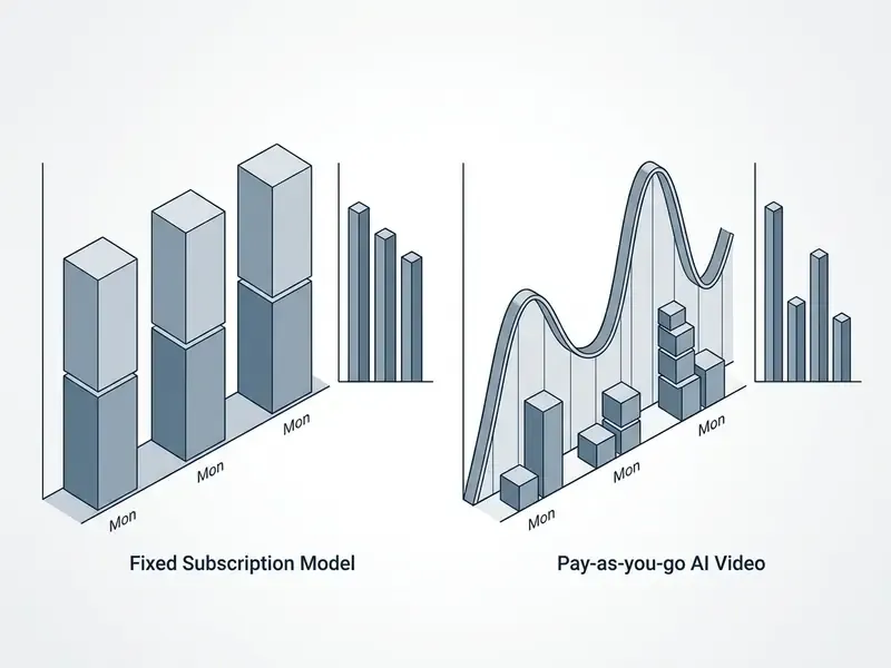 Comparison chart showing fixed subscription charges versus variable consumption costs in a pay-as-you-go AI video guide