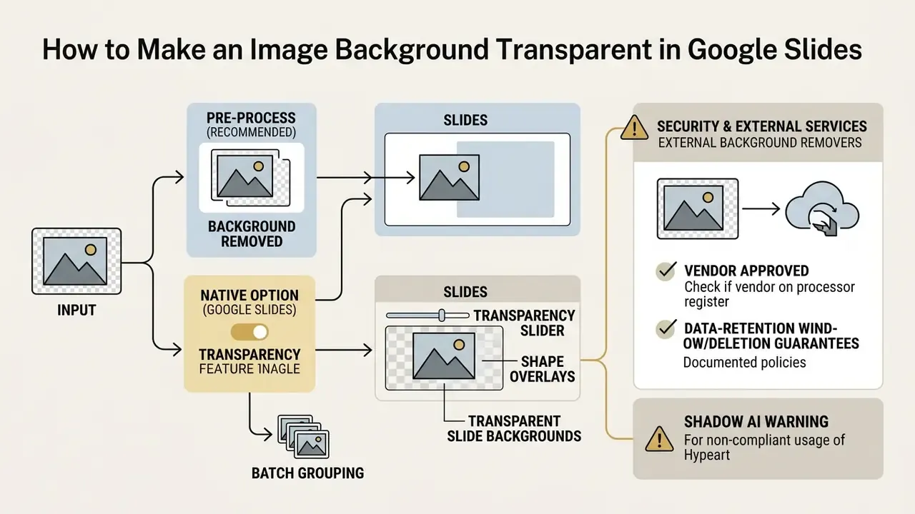 Flowchart comparing pre-processing and native Google Slides methods for image background removal