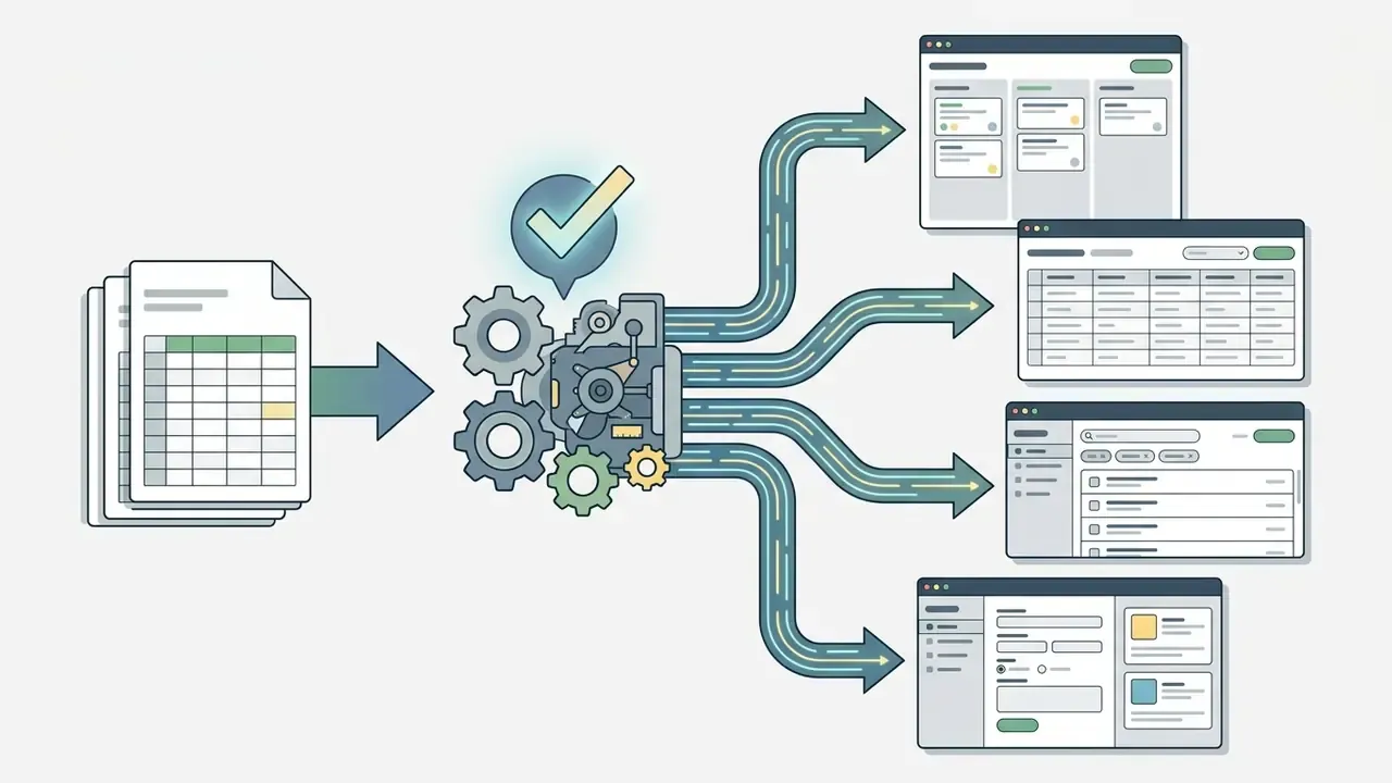 Spreadsheet data flowing through a gear mechanism to generate various interactive interface layouts