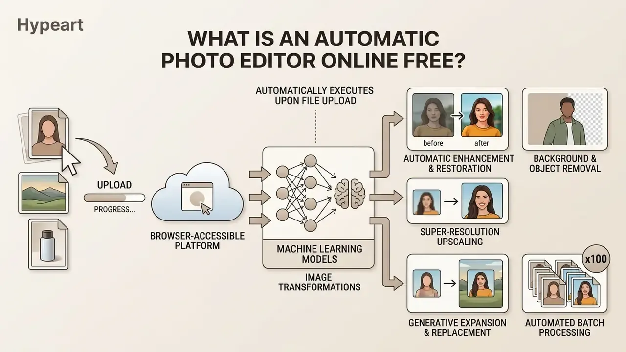 Infographic showing how browser-based AI models process uploaded images to perform various edits