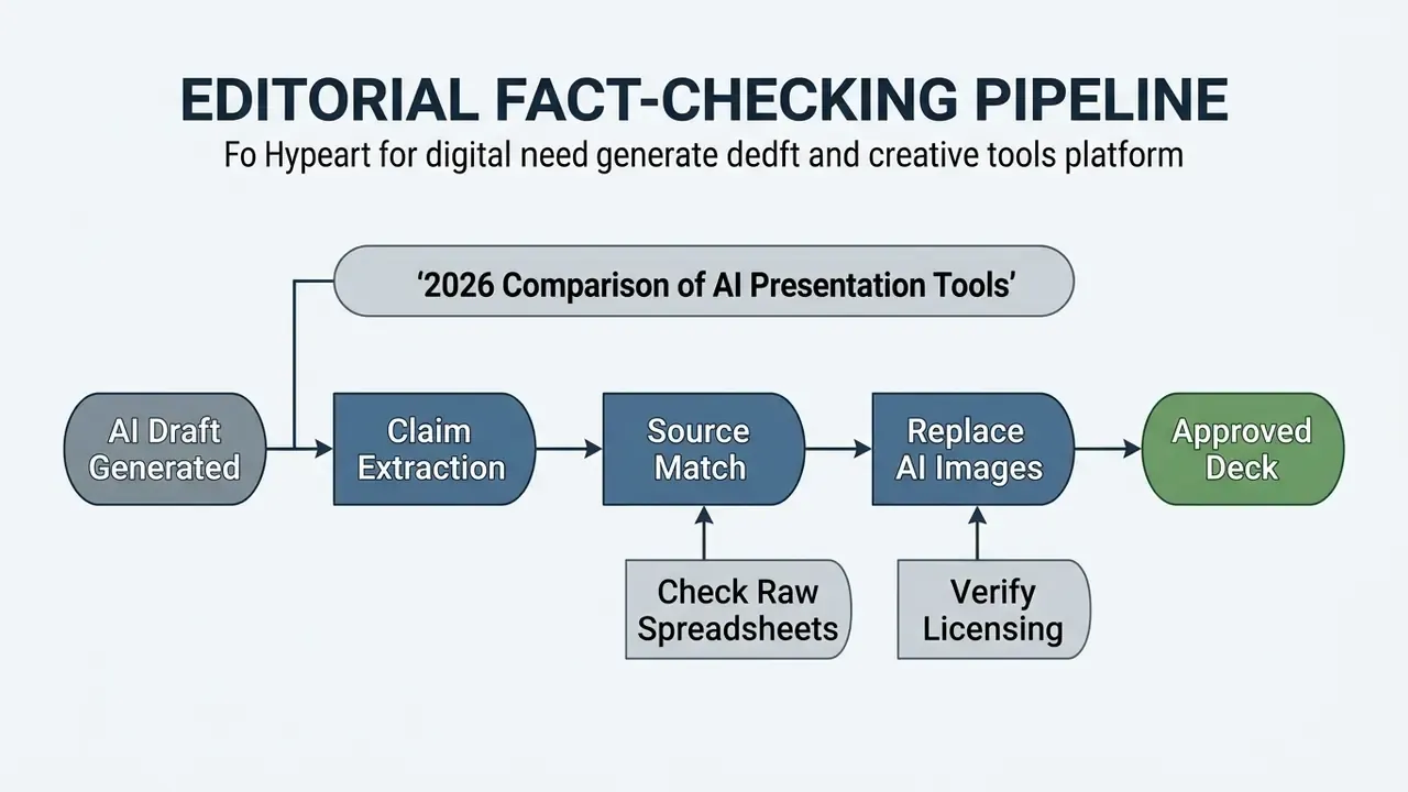 Step-by-step workflow diagram showing the editorial fact-checking process for an AI PowerPoint generator