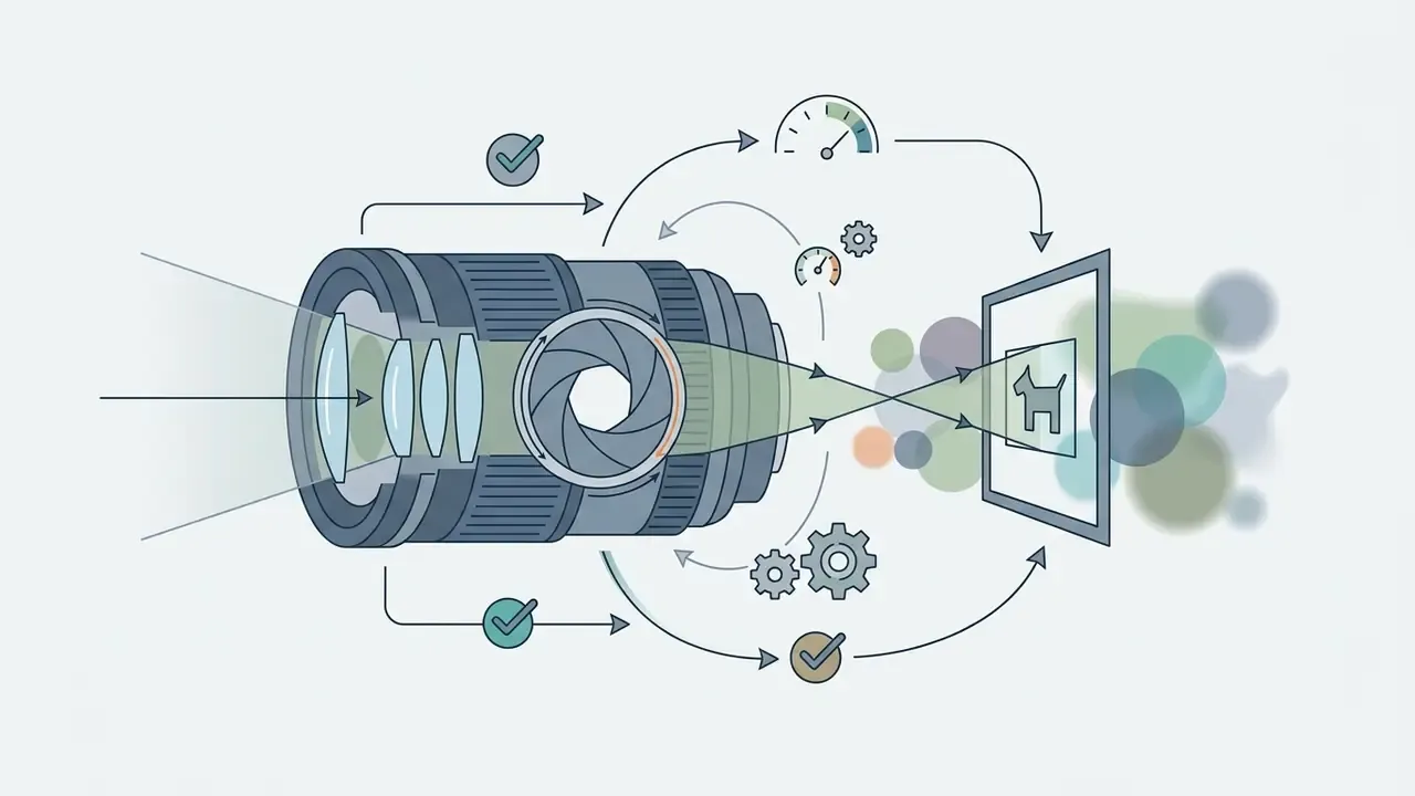 Telephoto lens focusing on a dog icon displayed on a screen with surrounding gears and performance gauges
