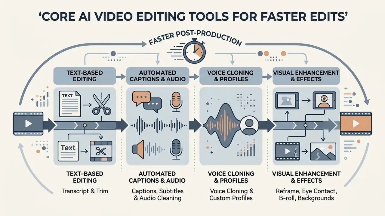 Infographic showing four stages of automated post-production including text, audio, and visual tools