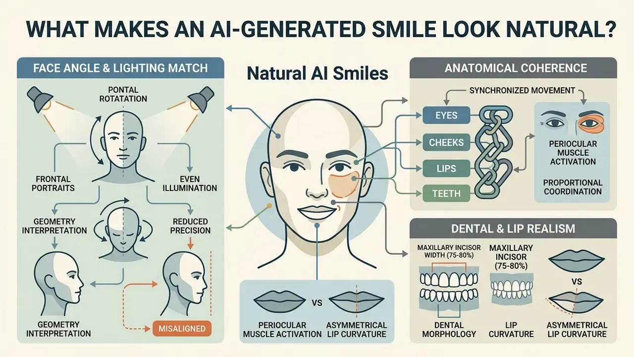 Infographic detailing how face angle, anatomical coherence, and dental realism create a natural AI smile