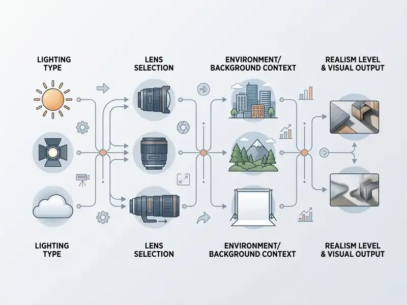 Diagram mapping lighting, lens, and environment choices to the resulting realism in a photorealistic AI image