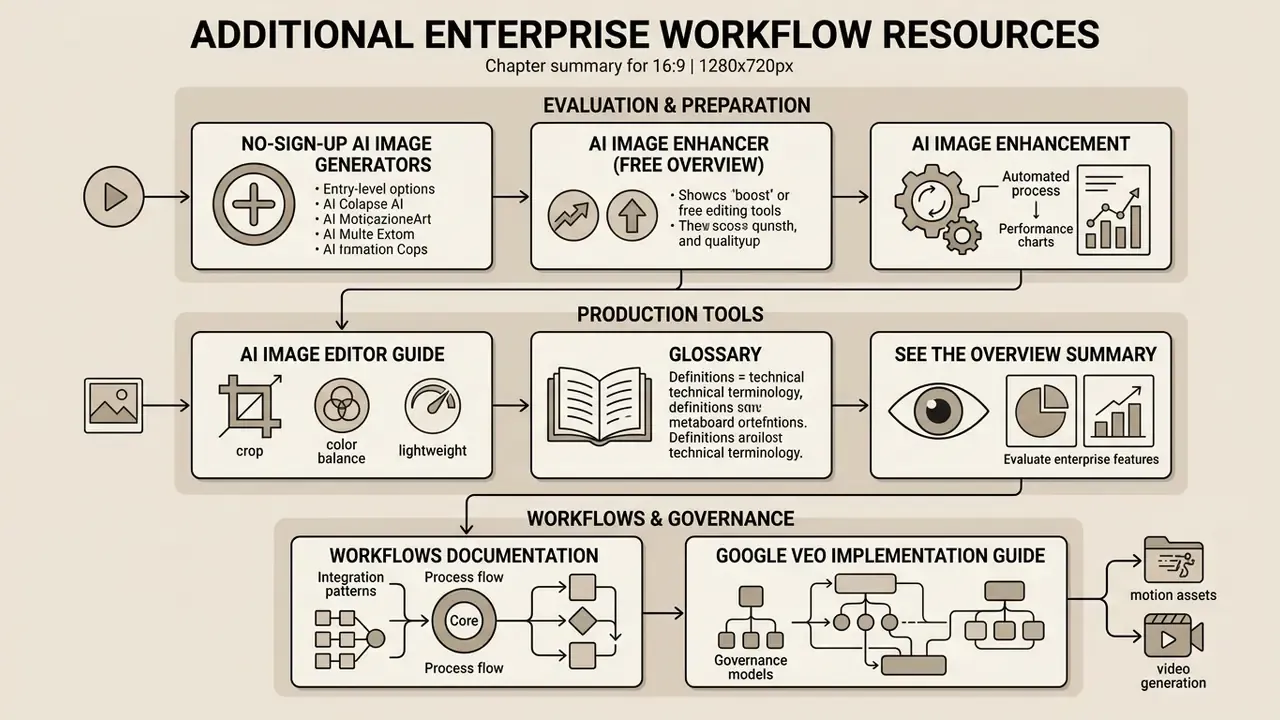 Flowchart mapping enterprise resources for image generation, editing, and technical workflow governance