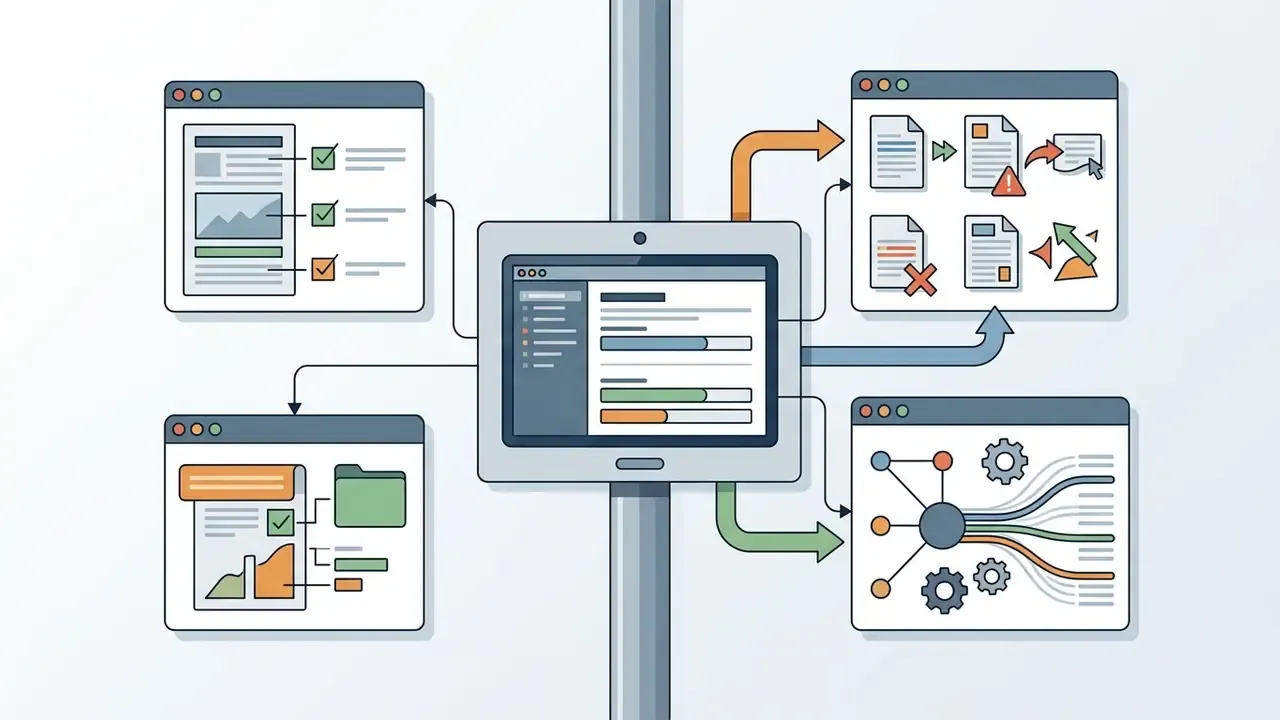 Central dashboard connected to four windows showing document analysis, data processing, and feedback loops