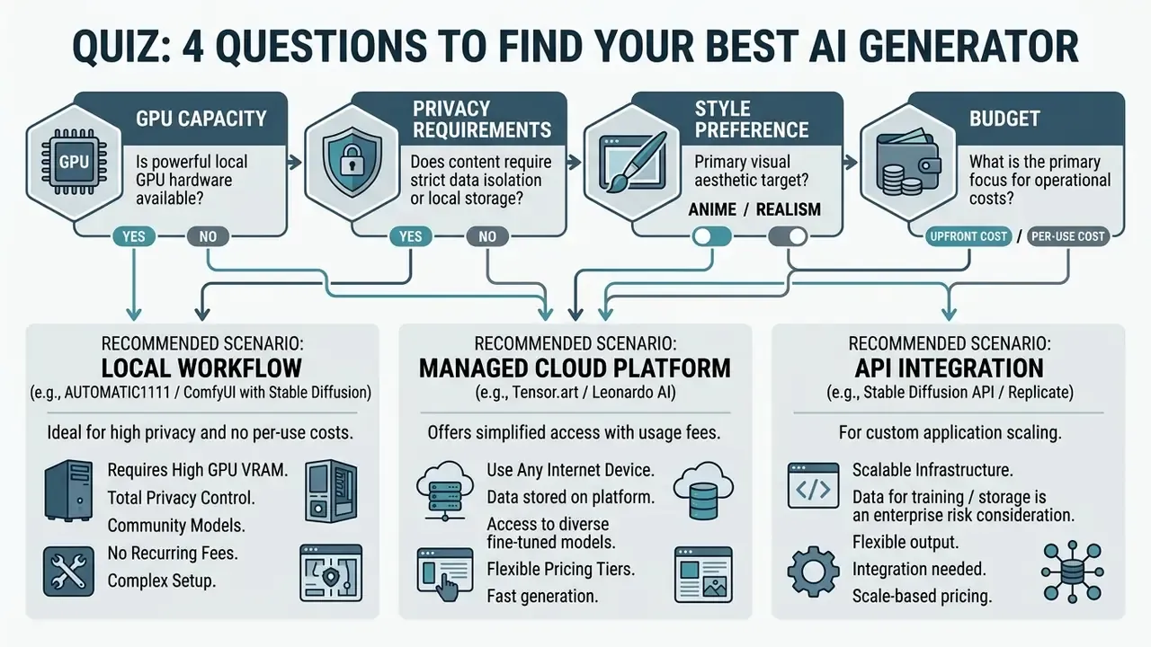 Decision tree mapping four generator selection criteria to three recommended deployment scenarios