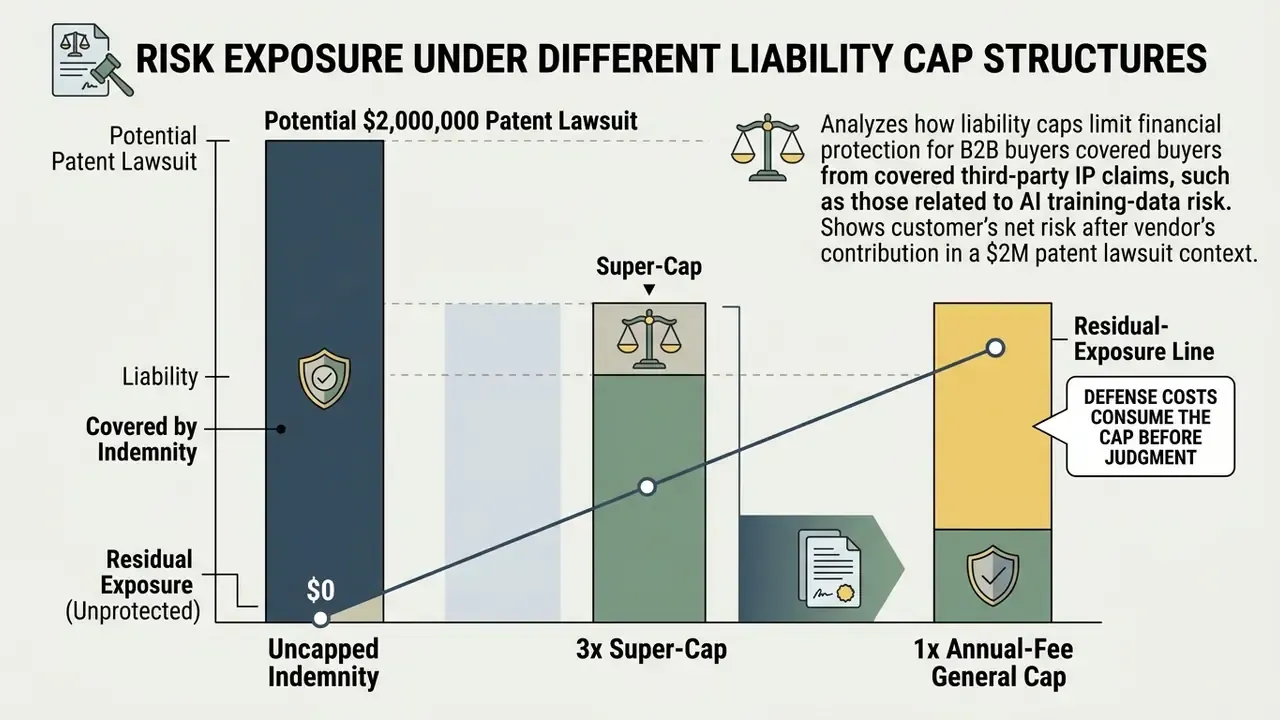 Stacked bar chart comparing residual financial risk for buyers under three different liability cap structures